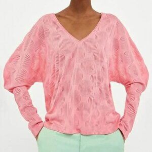 Zara Dolman Balloon Sleeve Textured V Neck Top Pink Boho Soft Girl Fem Coastal